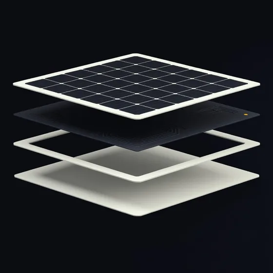 The FindStick shown in exploded layers: solar panel, circuit, body, adhesive pad.