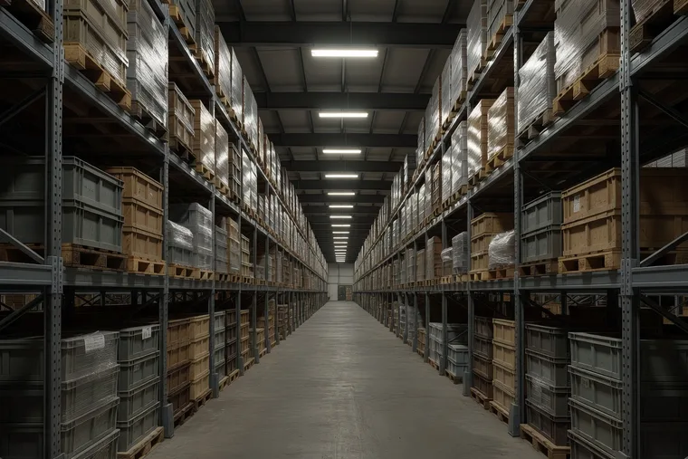 A warehouse aisle lined with pallets.