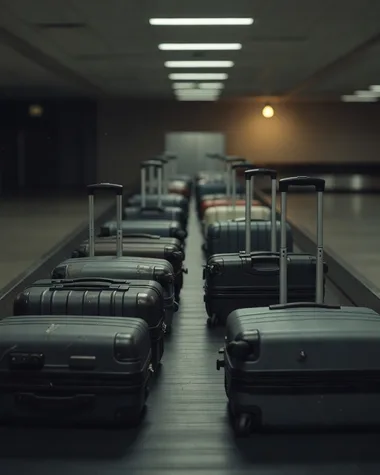 Suitcases coming around a baggage carousel.