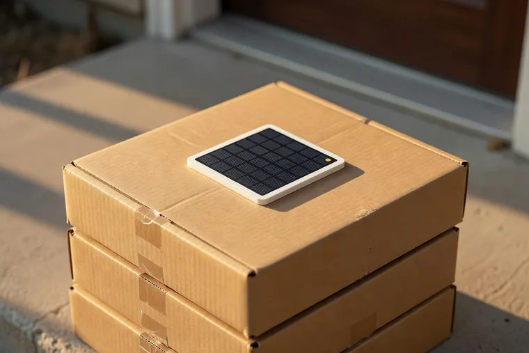 Shipping boxes on a doorstep with a FindStick on the top lid.