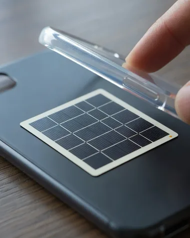 A FindStick lying flat between a phone and its clear case.
