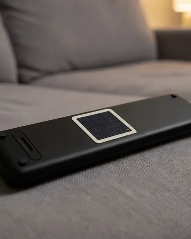 A remote face-down between sofa cushions with a FindStick on its back.